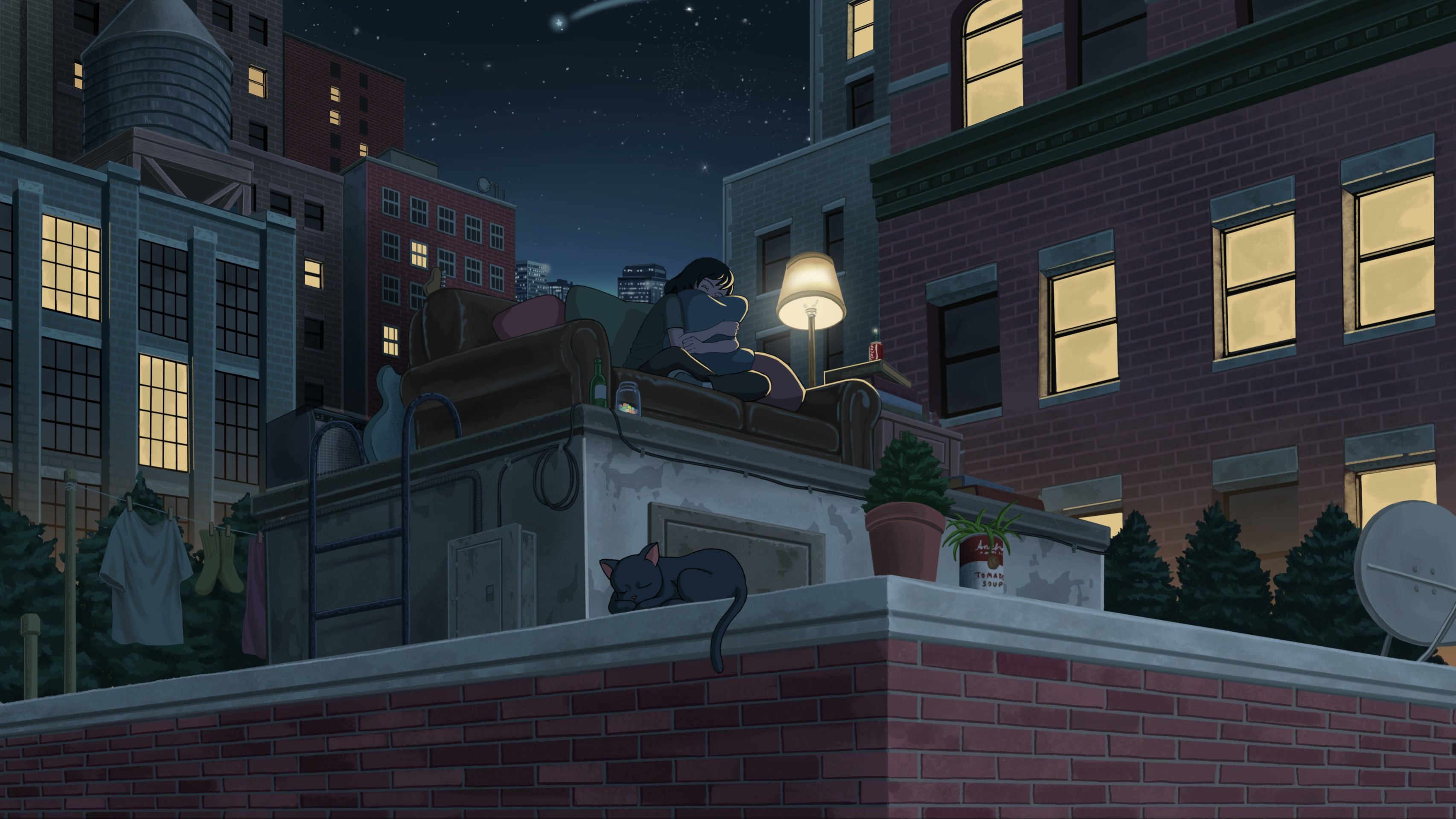 An illustrated rooftop at night — a girl curled up on an old sofa beside a lamp while a black cat sleeps on the ledge.